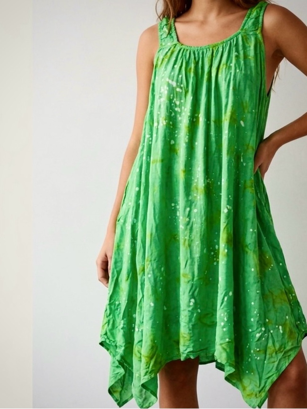 Batik Green Splatter Print Handkerchief Hem Boho Fairycore Dress Free Size